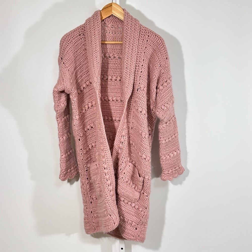 Handmade Pink Crochet Cardigan Duster – Scalloped Cottagecore Sweater (Size M/L)